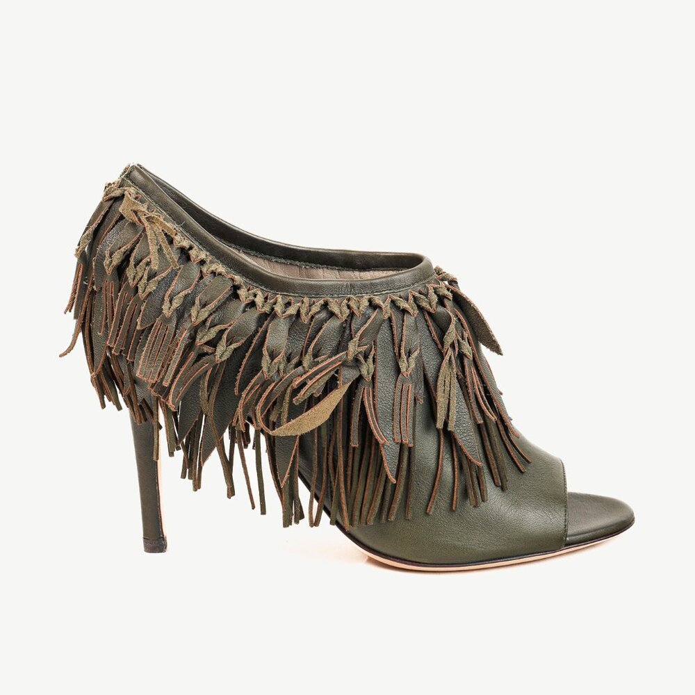 Sergio Rossi Green Leather Fringe Peep-Toe Bootie